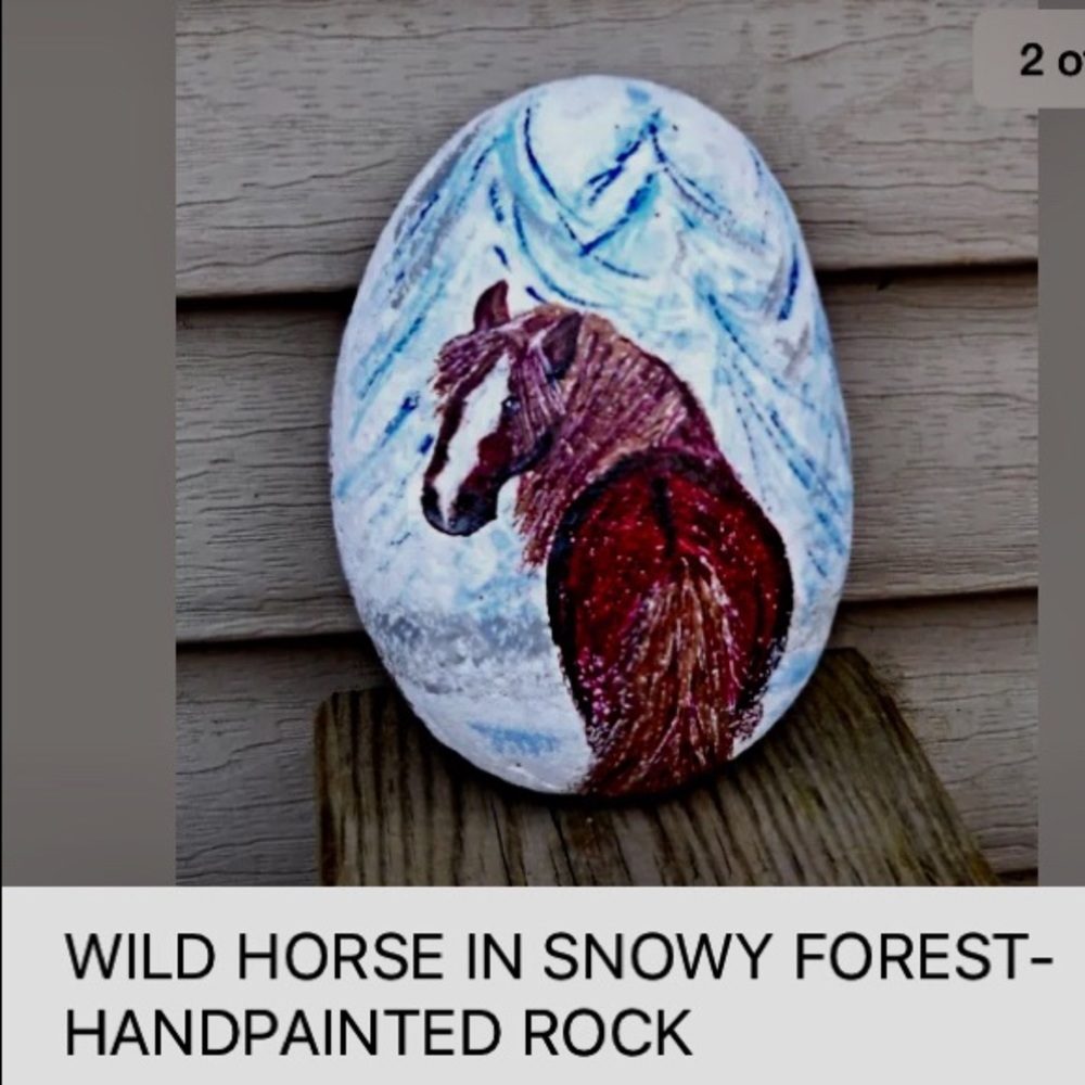 HORSE IN WINTER FOREST- HANDPAINTED art/ rock